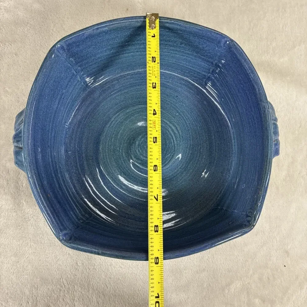 VTG Signed Studio Art Pottery Two Handled Decorative Bowl Blue Glaze 9